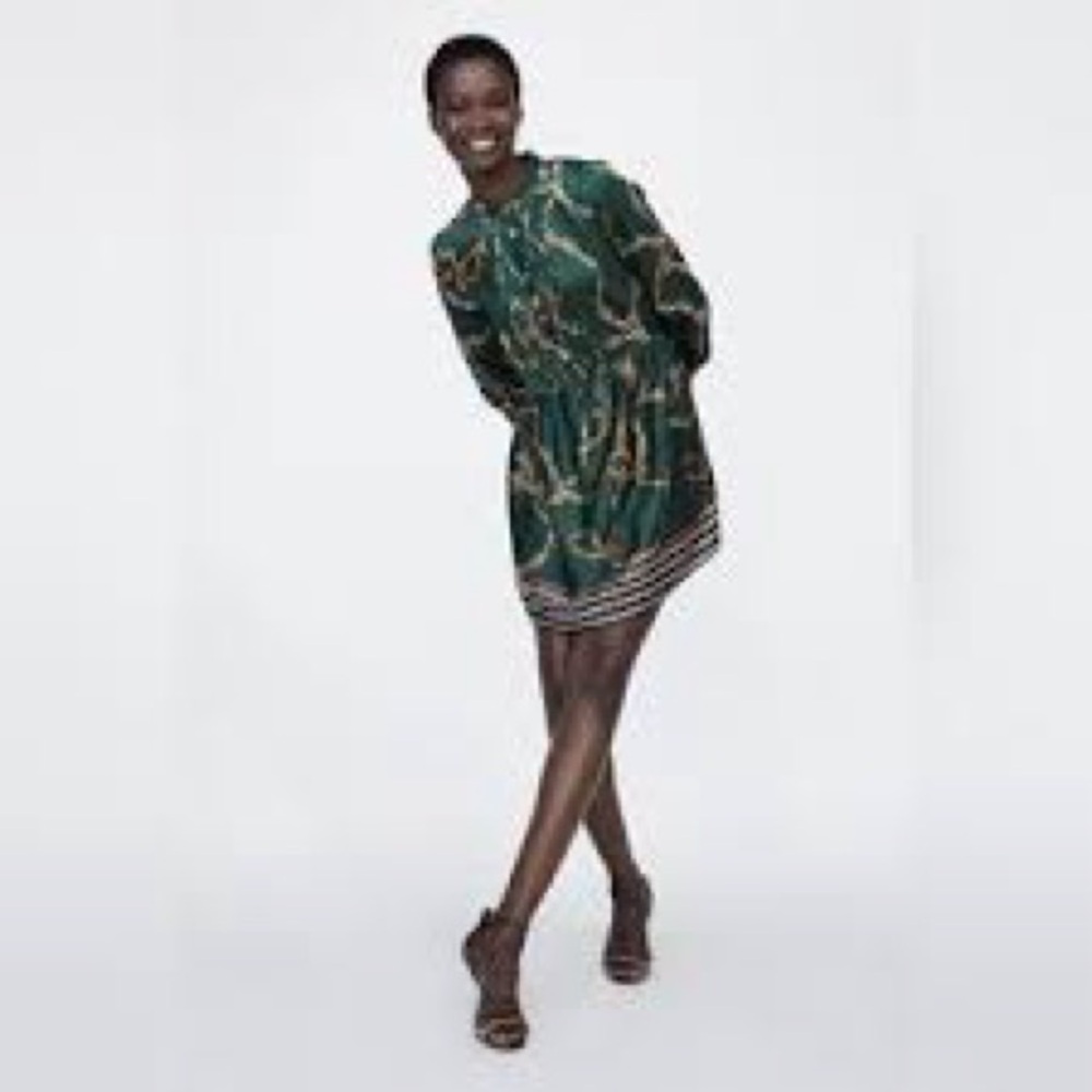 Zara Green Chain Pattern Long Sleeve Dress - Picture 2 of 7